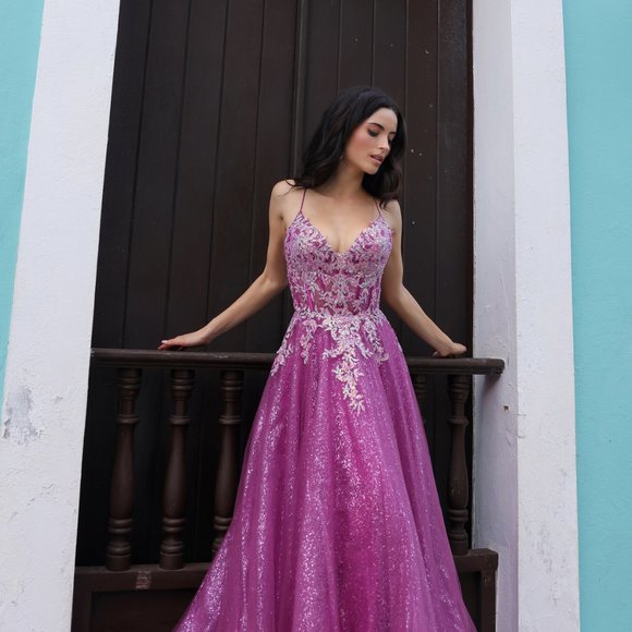NEW LONG A-LINE SLEEVELESS V-NECK GOWN EMBROIDERED WITH SEQUINS & LACE NX C1407